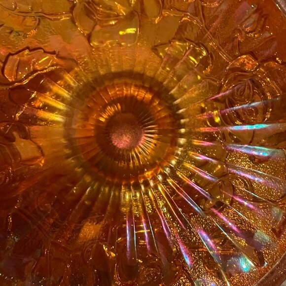 Imperial Glass Carnival Glass “Open Rose” Covered Sugar Bowl –Marigold READ - Picture 4 of 6